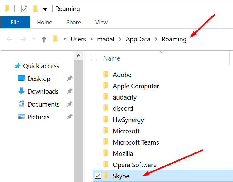 სკაიპის appdata საქაღალდე Windows 10