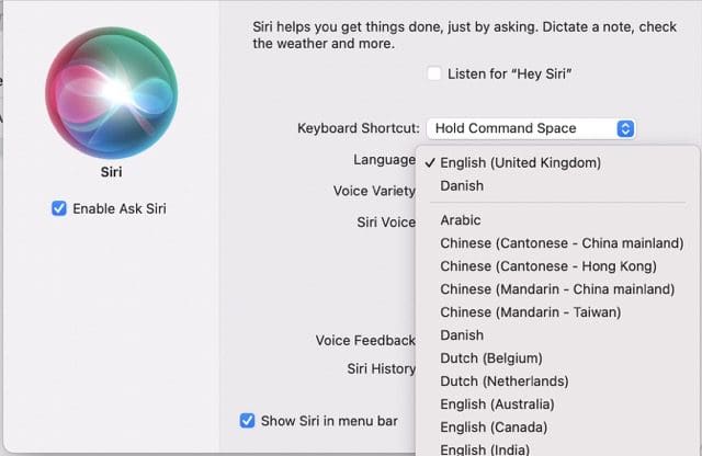 Screenshot che mostra le opzioni del menu a discesa della lingua per Siri su Mac