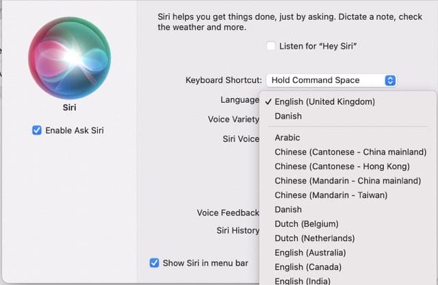 Cuplikan layar memperlihatkan opsi menu tarik-turun bahasa untuk Siri di Mac