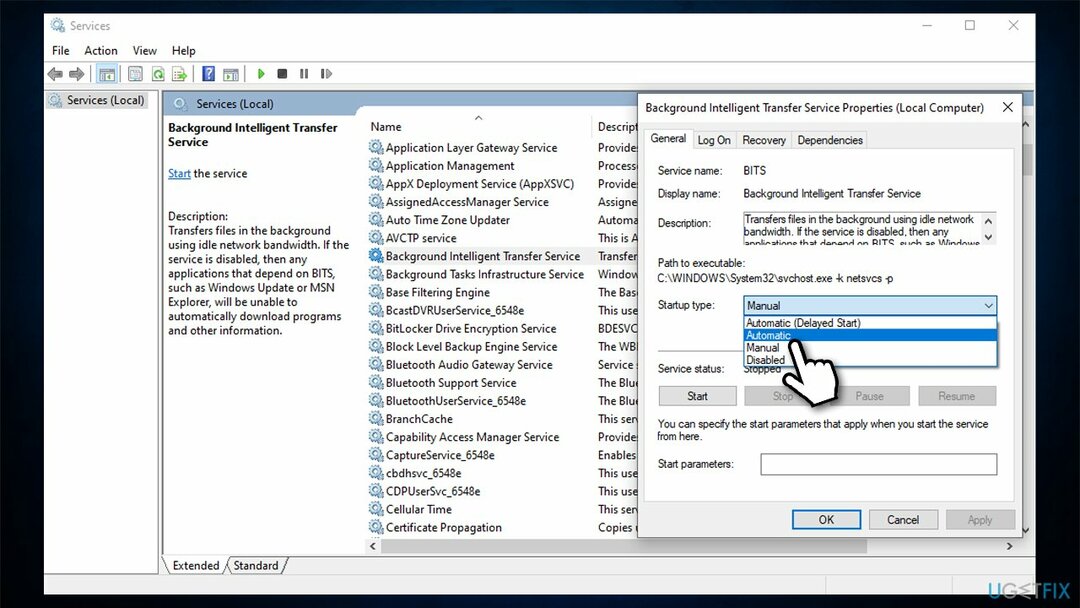 BITS सेवा को स्वचालित पर सेट करें