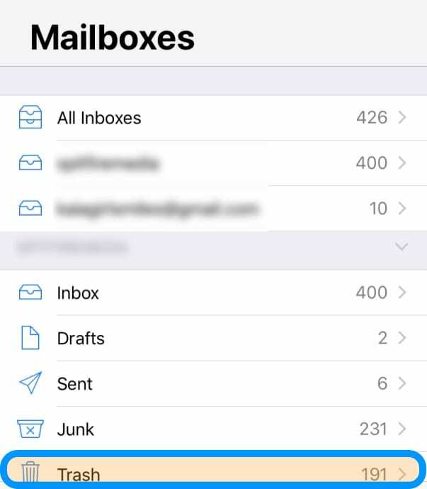 Coș de gunoi pentru conturi de e-mail din aplicația de e-mail