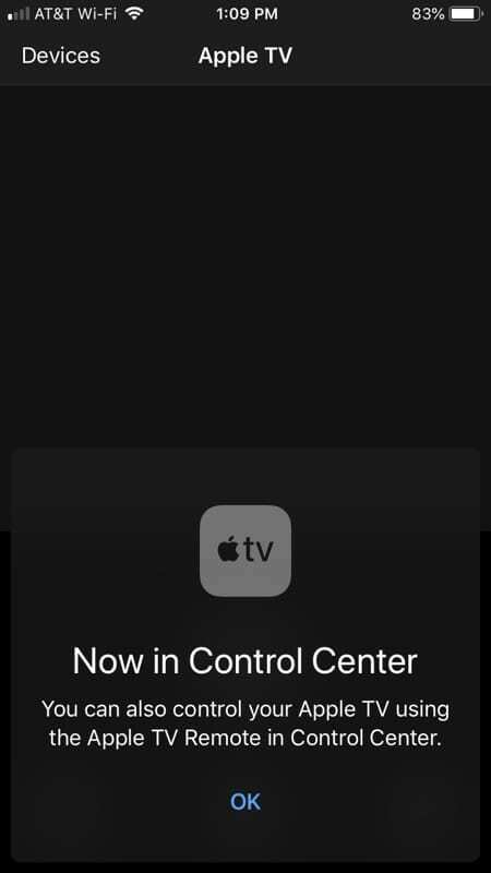 Apple TV Remote Tillgänglig för Control Center