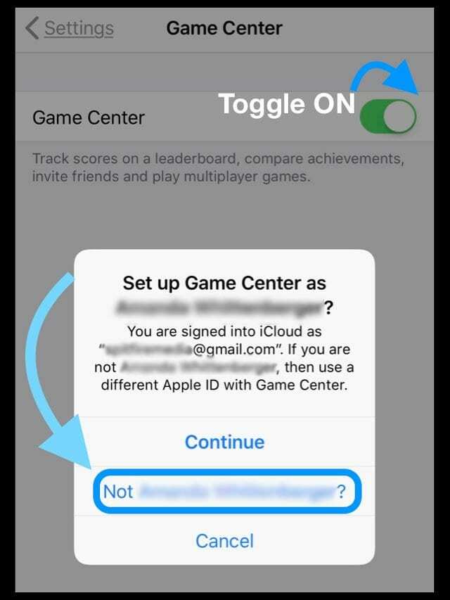 Game Center ID vai Apple ID spēļu centram sadaļā Konti un paroles iDevice