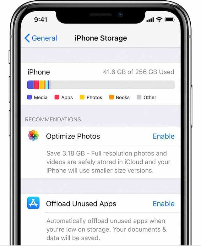 iOS iPhone Storage meniu