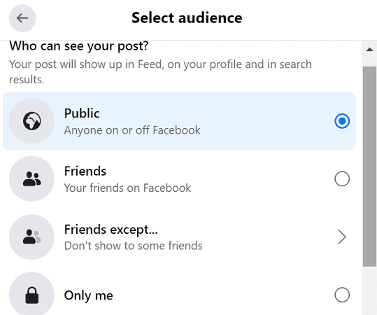 Impostazioni per la privacy dei post-pubblico di Facebook