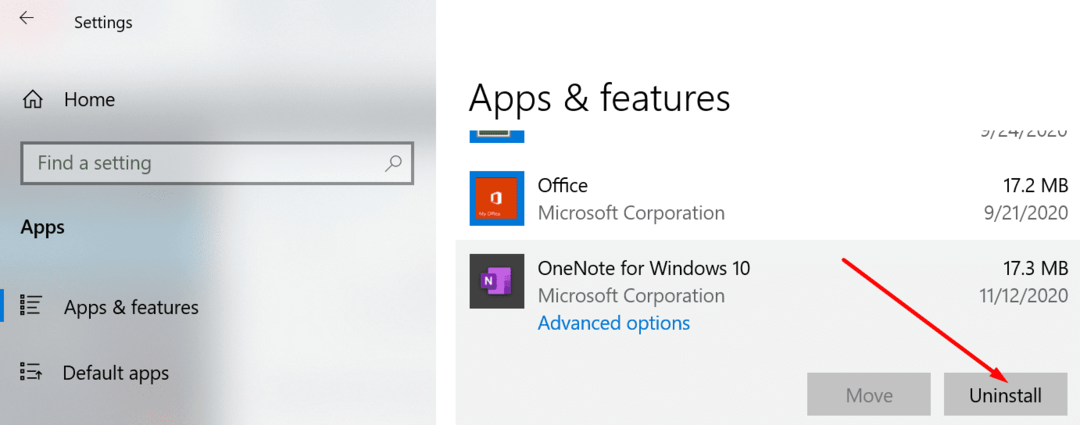 απεγκαταστήστε την εφαρμογή Onenote των Windows 10