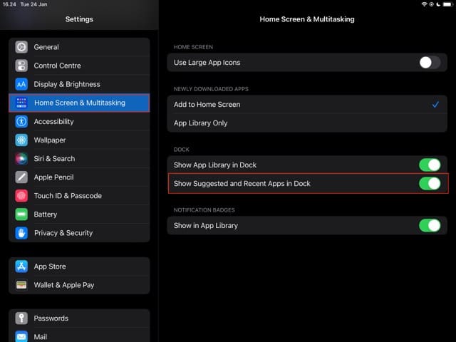 Képernyőkép, amely bemutatja, hogyan lehet kikapcsolni a javasolt alkalmazásokat iPadOS rendszerben
