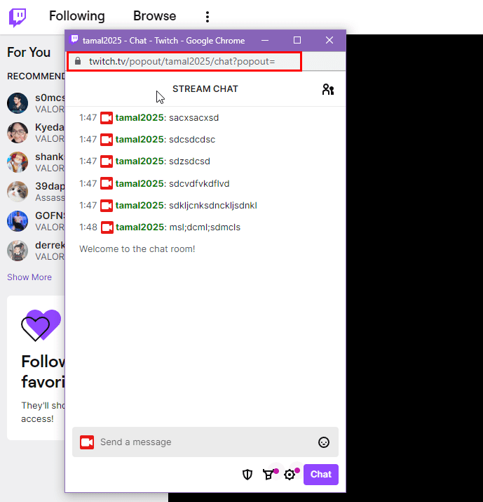 De Twitch-chat pop-up en de bijbehorende URL