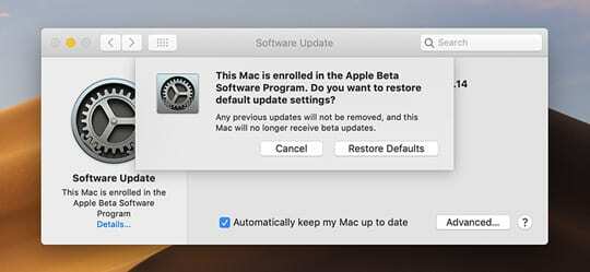 Отпишете се от macOS Beta и Възстановете настройките по подразбиране в Актуализация на софтуера