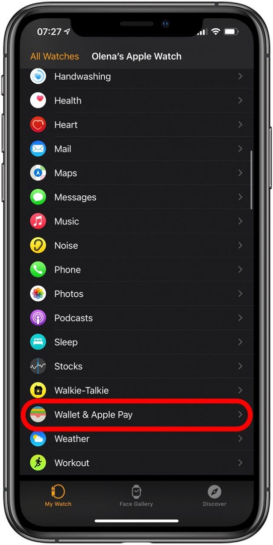 Tik op Wallet & Apple Pay onder het tabblad My Watch.