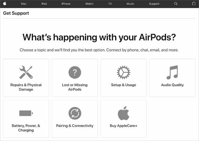 דף האינטרנט התמיכה של Apple AirPods מציג את אפשרות AirPods שאבדו או חסרים