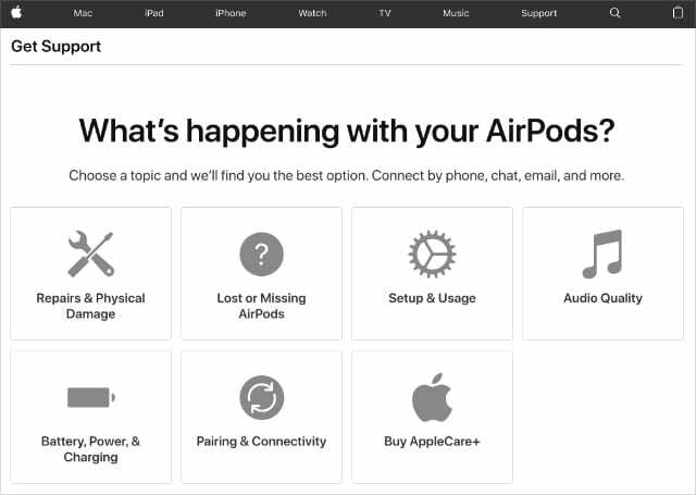 หน้าเว็บ Apple AirPods Support แสดงตัวเลือก AirPods ที่สูญหายหรือหายไป