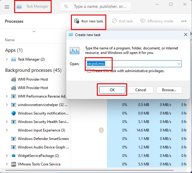 เรียกใช้งานใหม่เพื่อเปิด Local Security Policy