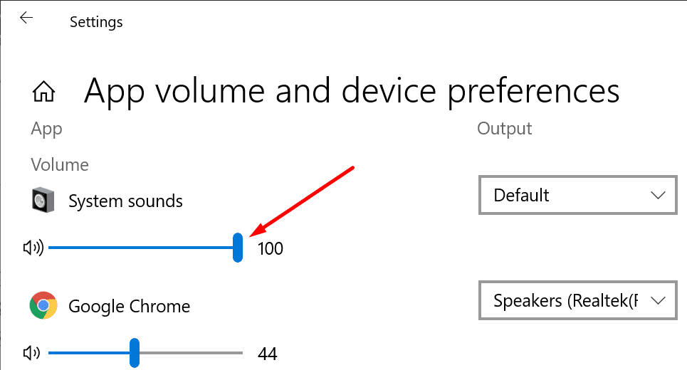volumul sunetului sistemului Windows 10