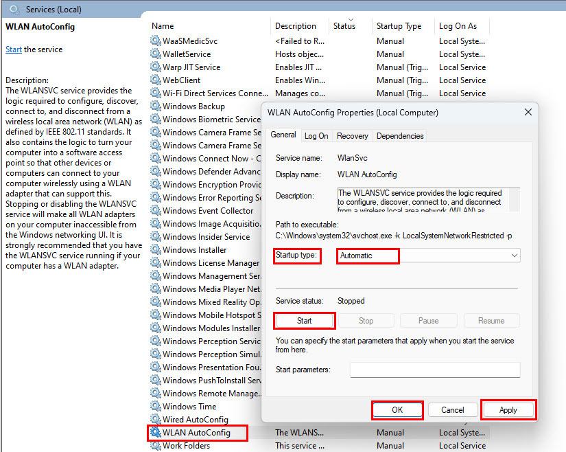 WLANAutoConfig को सक्रिय करना