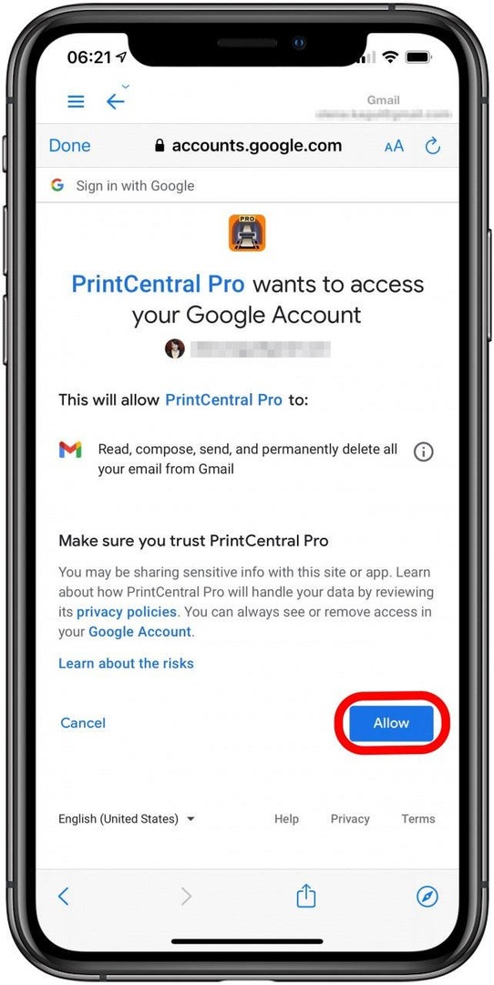 اسمح لـ PrintCentral Pro بالوصول إلى حساب بريدك الإلكتروني.