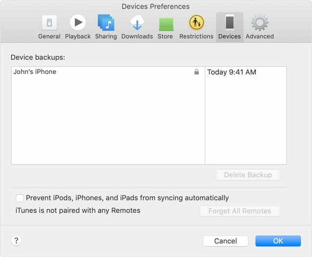 Backup criptografado do iTunes nas Preferências do iTunes