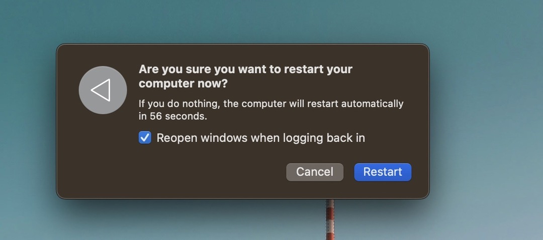Captura de tela da tela pop-up de redefinição do Mac