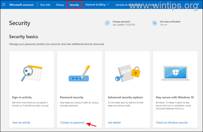 เปลี่ยนรหัสผ่านบัญชี microsoft