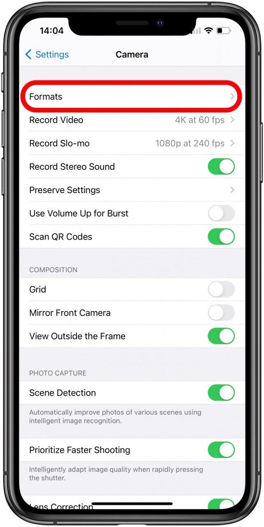 Додирните формате да бисте изменили подешавања камере.