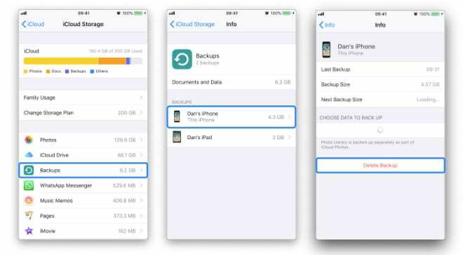 Tres capturas de pantalla que muestran cómo eliminar la última copia de seguridad de iCloud