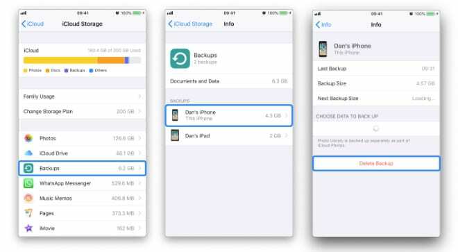 Drei Screenshots, die zeigen, wie Sie das letzte Backup von iCloud löschen