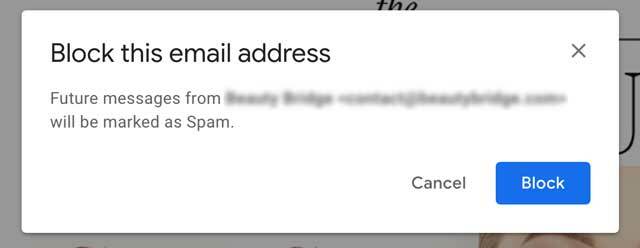 Výzva Gmailu na potvrdenie blokovania odosielateľa