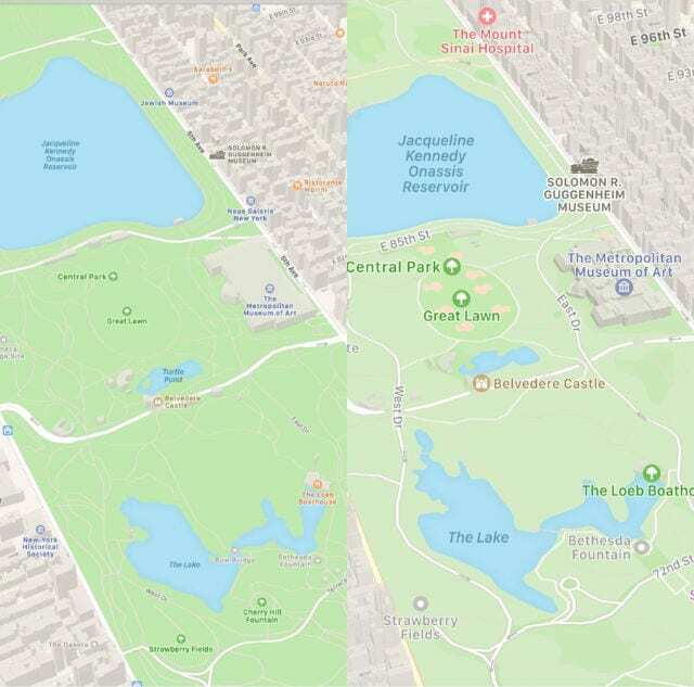 Side-ved-side sammenligning av gamle og nye Apple Maps