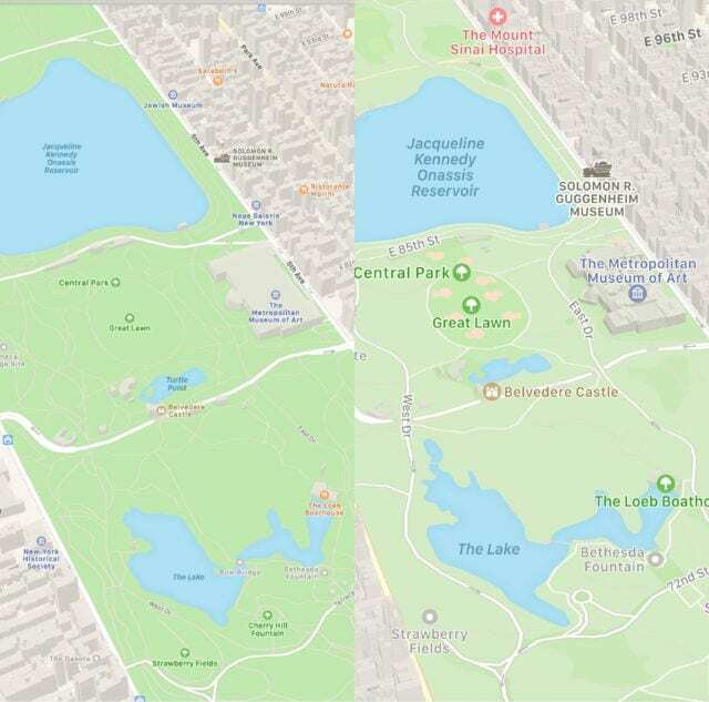 Comparação lado a lado do antigo e do novo Apple Maps