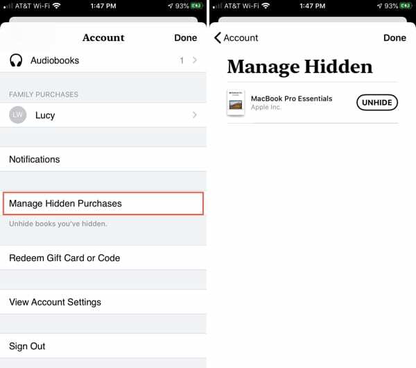 Apple Books ऐप iPhone में छिपी हुई ख़रीदारियों को प्रबंधित करें