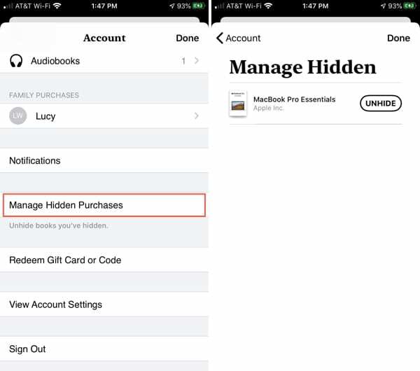 Hantera dolda köp i Apple Books-appen iPhone