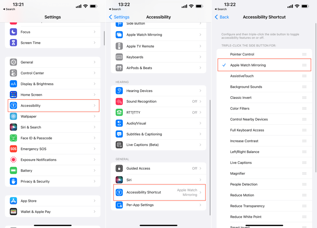 Apple वॉच मिररिंग एक्सेसिबिलिटी शॉर्टकट सक्षम करें