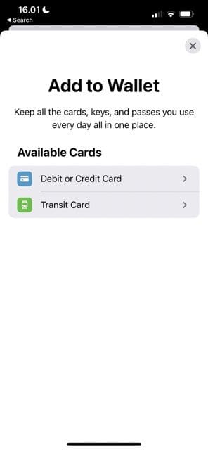 Screenshot mit den Optionen zum Hinzufügen von Karten in Apple Pay