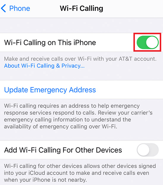 قم بتبديل الإعدادات المسماة Wi-Fi Calling على جهاز iPhone هذا