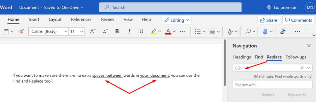 znajdź dodatkowe spacje między słowami microsoft word