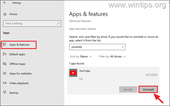 Disinstalla l'app YouTube su Windows 1011