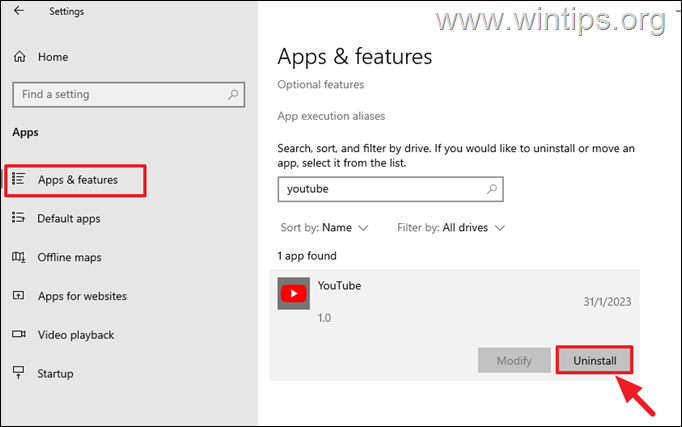 Desinstale o aplicativo do YouTube no Windows 1011