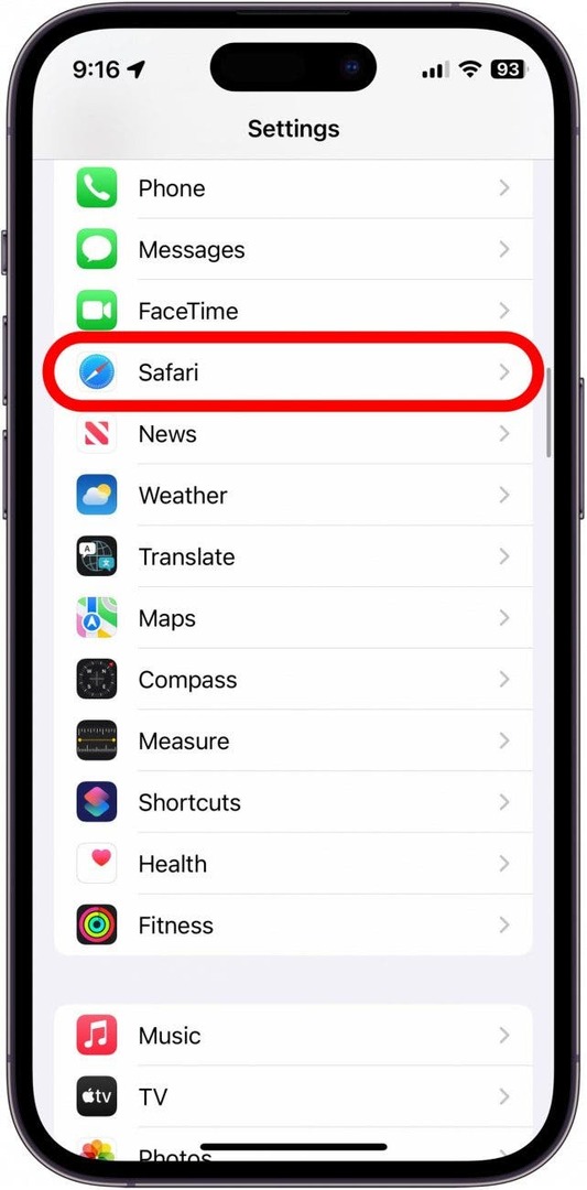настройки iPhone, Safari обведено красным