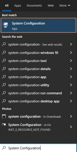 Do vyhľadávacieho poľa systému Windows zadajte Konfigurácia systému