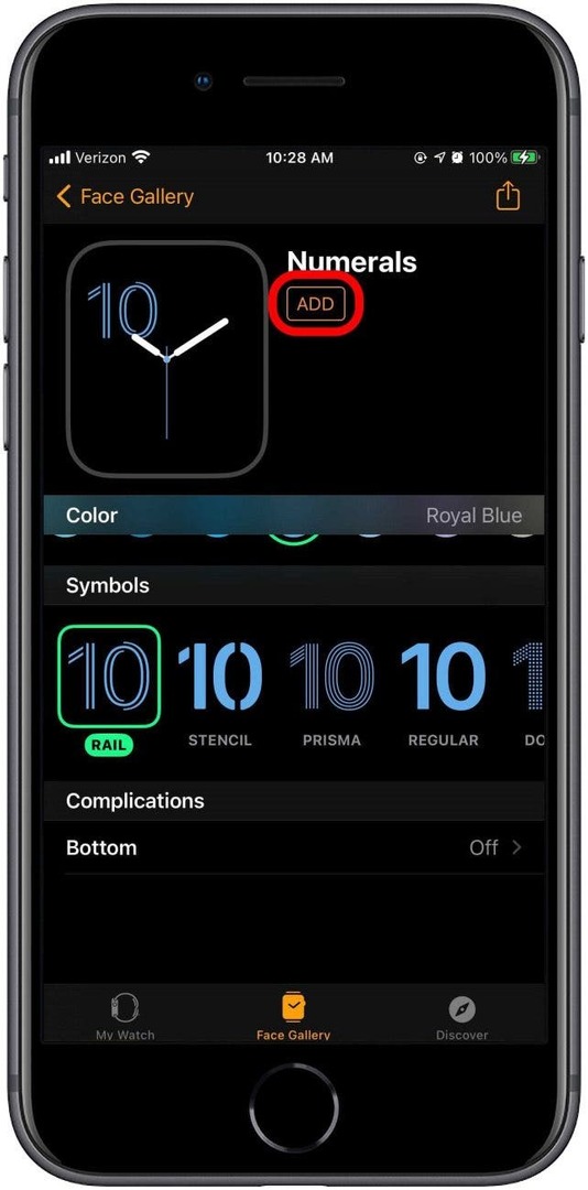 वॉच फ़ेस को अंतिम रूप देने के लिए जोड़ें टैप करें