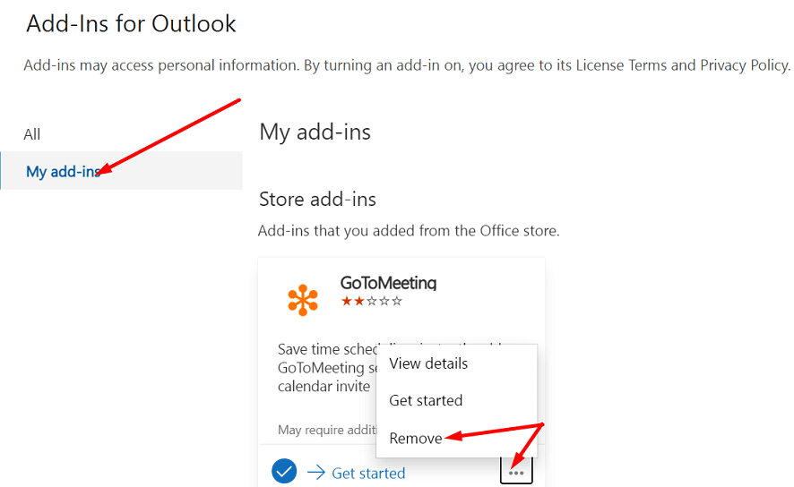 fjern gotomeeting add-in outlook