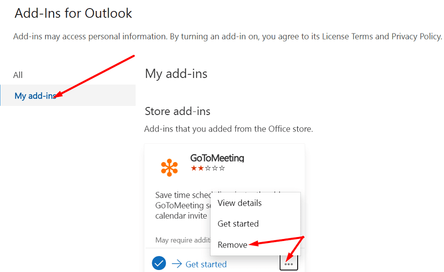 удалить Outlook надстройки gotomeeting