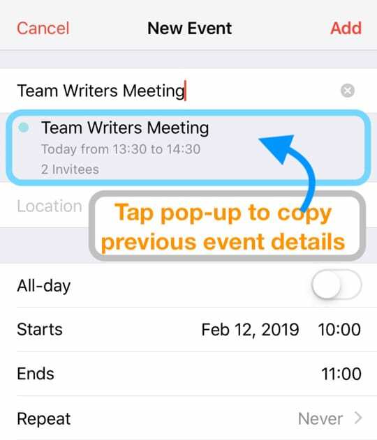 kopeerige eelmine sündmus iOS-i kalendrirakenduses uuele sündmusele
