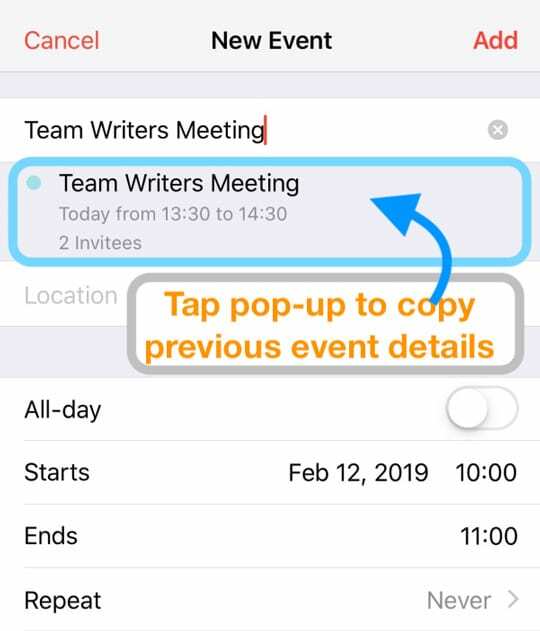 nukopijuokite ankstesnį įvykį į naują įvykį iOS kalendoriaus programoje