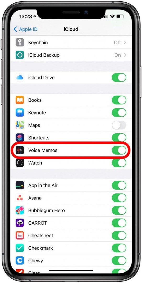 वॉयस मेमो मिलने तक नीचे स्क्रॉल करें और सुनिश्चित करें कि यह चालू है। 