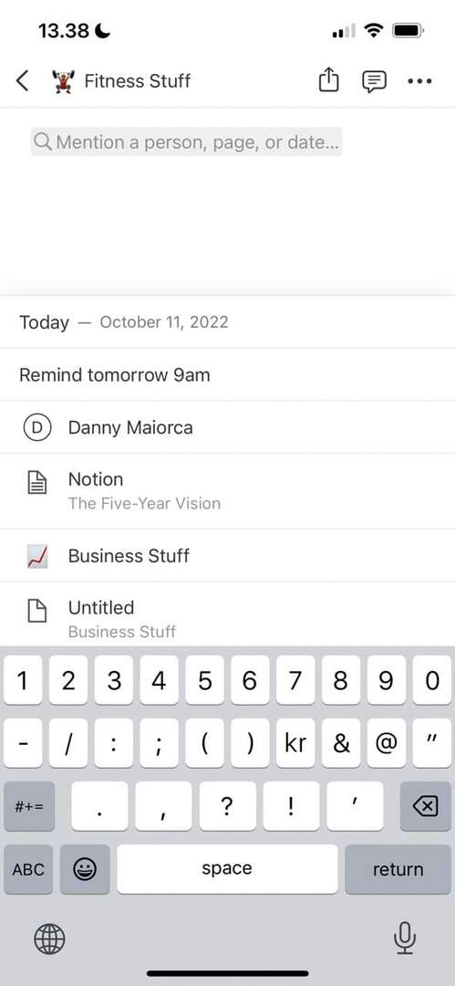 Snímka obrazovky zobrazujúca, ako označiť stránku v Notion pre iOS