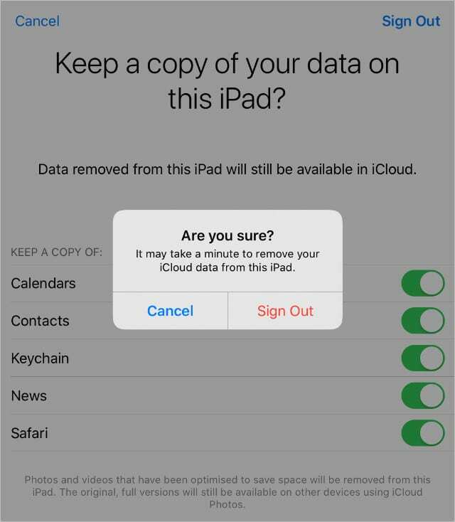 تسجيل الخروج من معرف Apple ID التأكيد على iPad