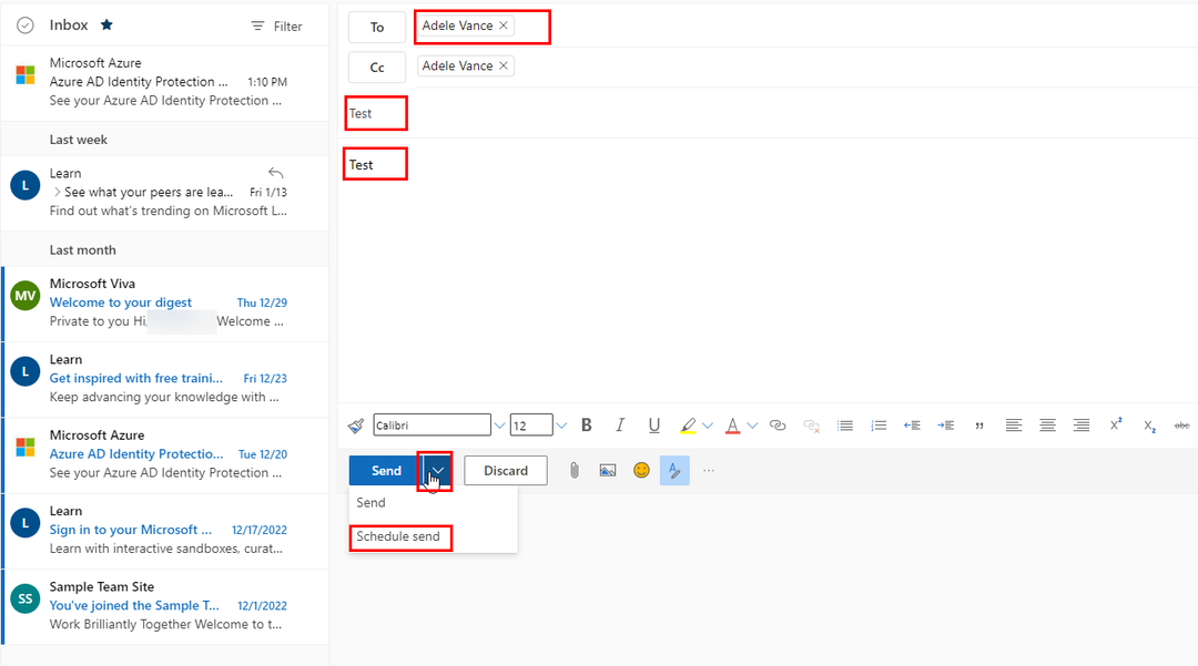 Een e-mail plannen in Outlook Web door de e-mail te maken