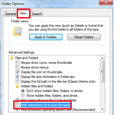 les extensions Masquer pour les types de fichiers connus et décochez l'option.