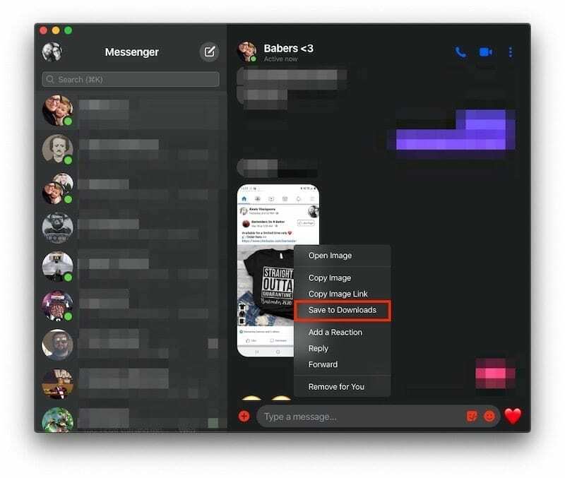 Išsaugoti atsisiuntimų sąraše „Facebook Messenger“ „MacBook“.